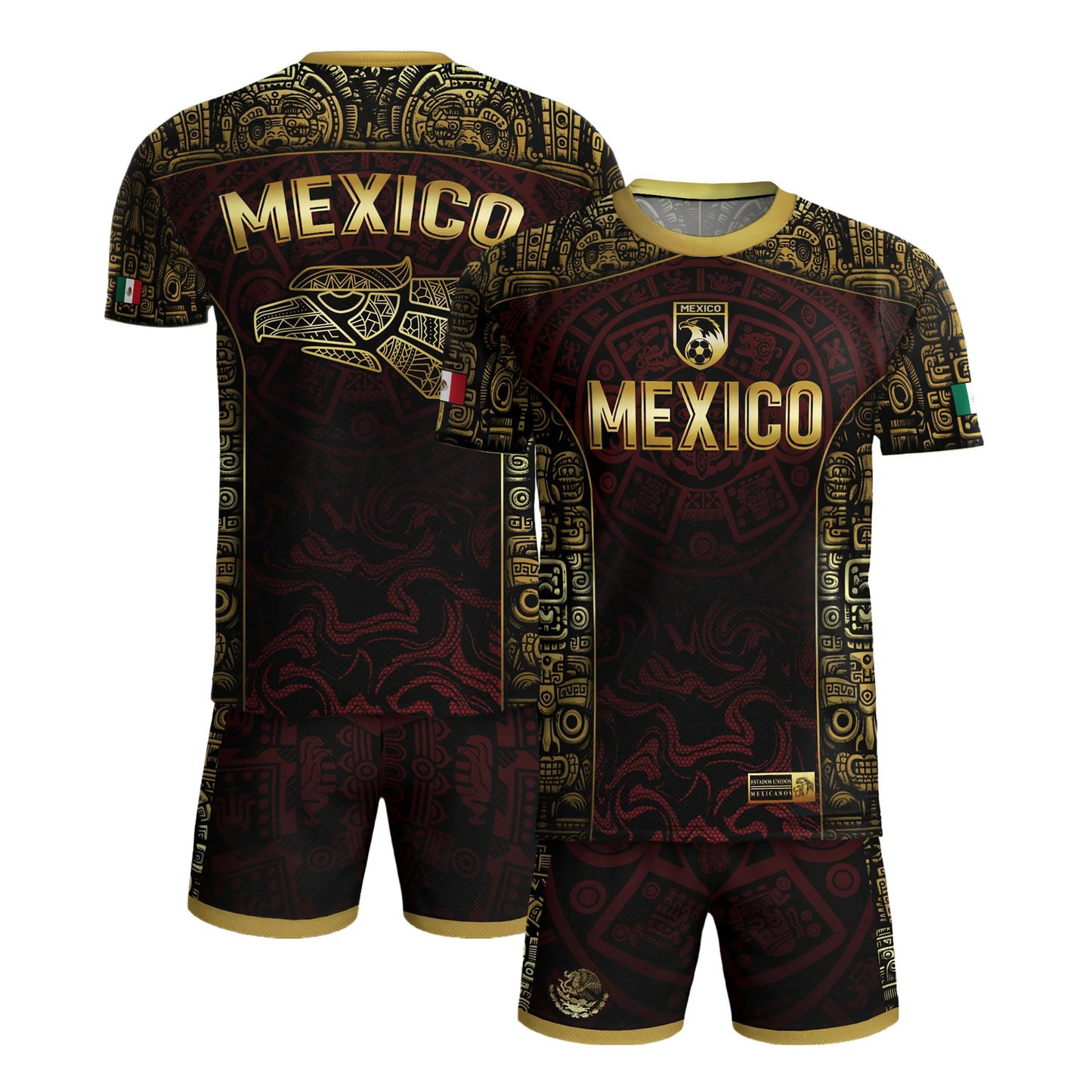 SJ-343-Maroon Mexico Aztec Eagle Soccer Jersey, Gold Print Calendar Football Shirt Sportswear Jersey FREE SHIPPING