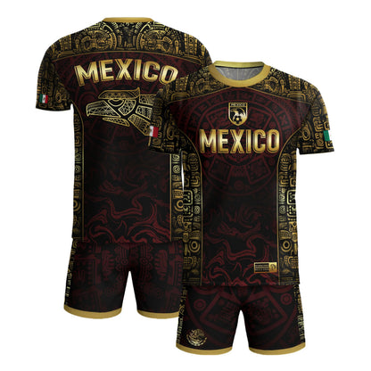 SJ-343-Maroon Mexico Aztec Eagle Soccer Jersey, Gold Print Calendar Football Shirt Sportswear Jersey FREE SHIPPING