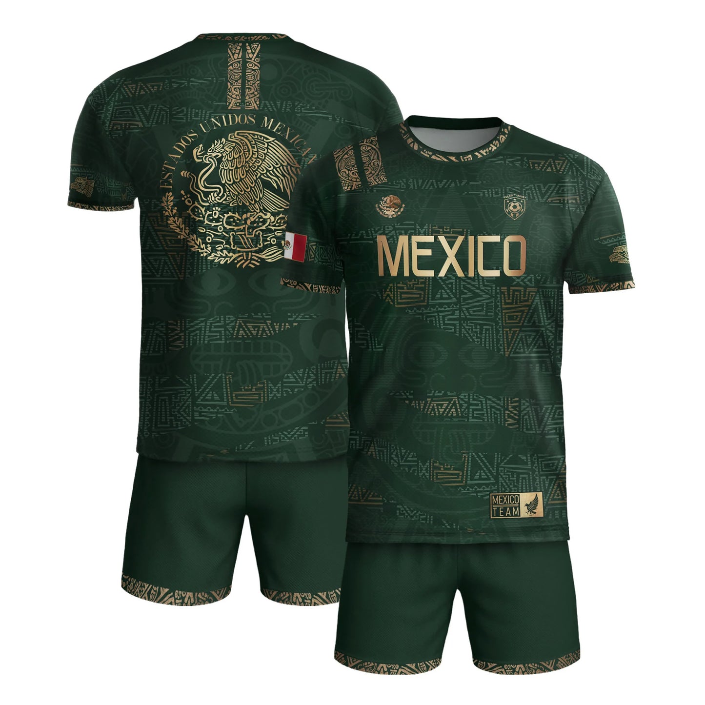 SJ-344-Adult/Youth Mexico Aztec Eagle Soccer Jersey Set, Matching Shorts Graphic Football Sportswear Outfit FREE SHIPPING
