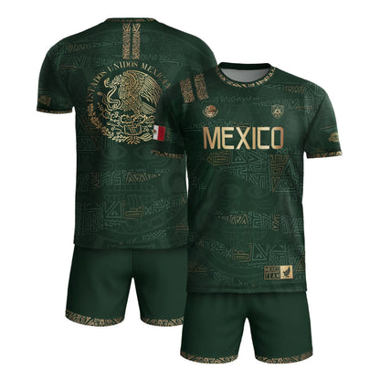 SJ-344-Adult/Youth Mexico Aztec Eagle Soccer Jersey Set, Matching Shorts Graphic Football Sportswear Outfit FREE SHIPPING