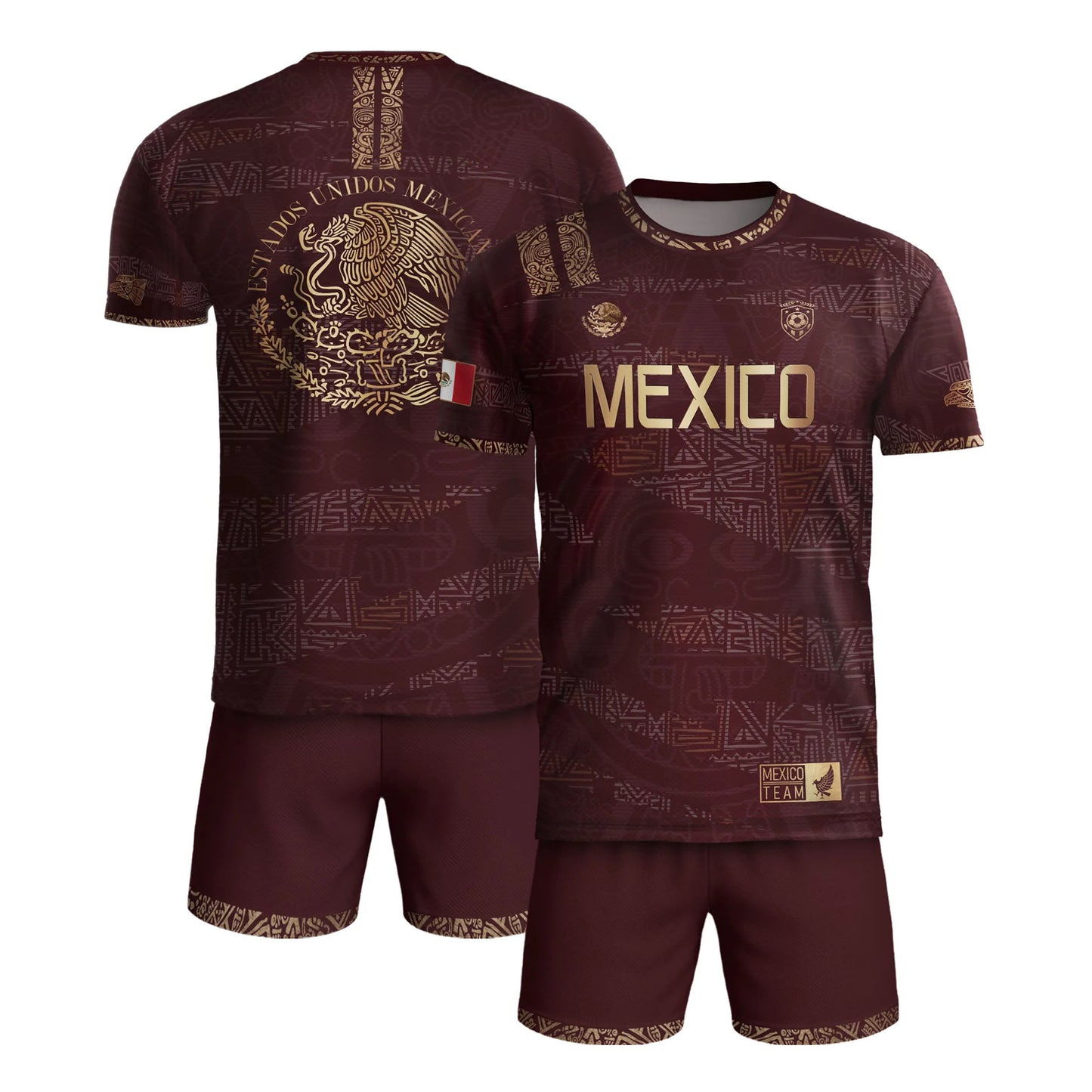 SJ-344-Adult/Youth Mexico Aztec Eagle Soccer Jersey Set, Matching Shorts Graphic Football Sportswear Outfit FREE SHIPPING