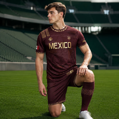 SJ-344-Adult/Youth Mexico Aztec Eagle Soccer Jersey Set, Matching Shorts Graphic Football Sportswear Outfit FREE SHIPPING