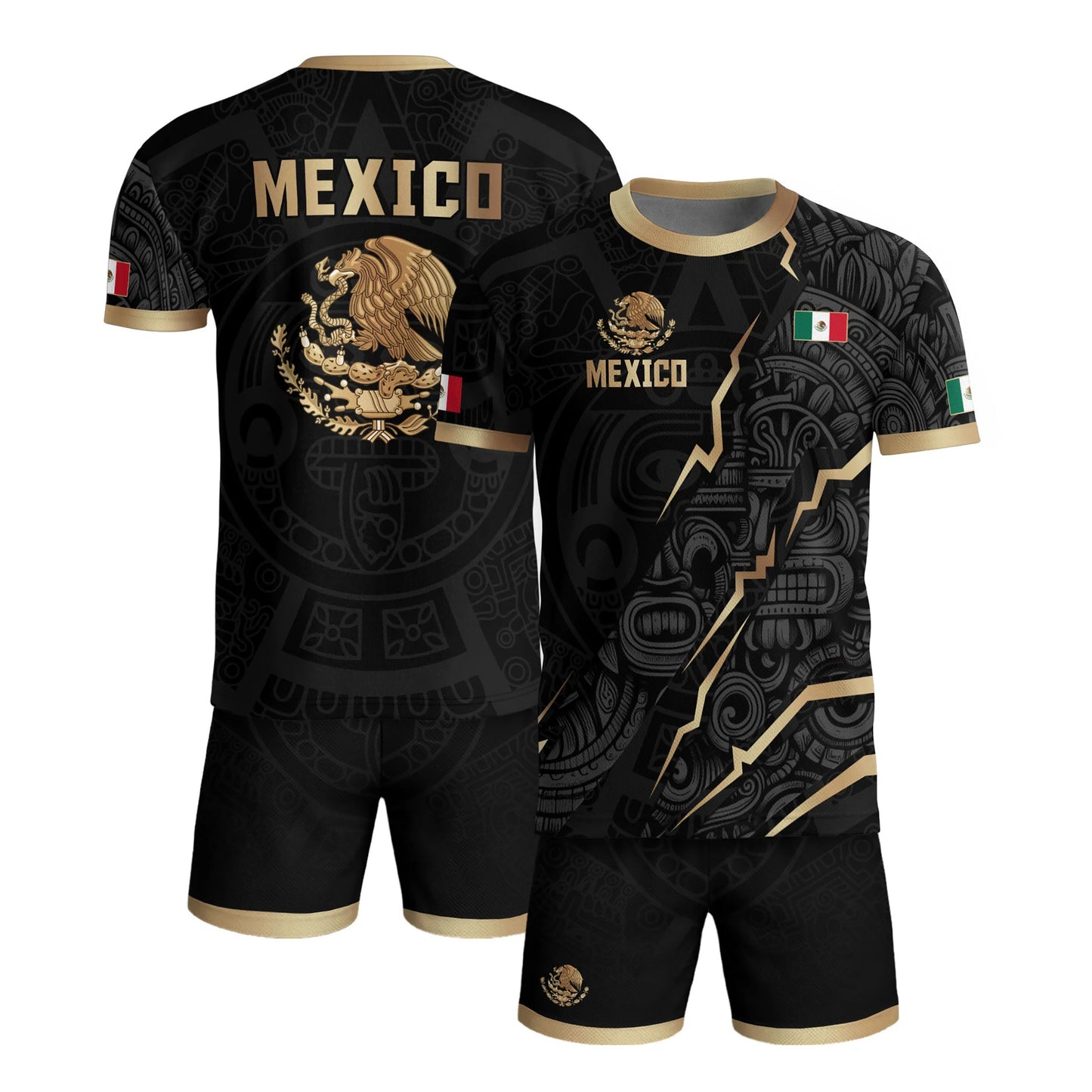 SJ-345-Repeating Mexican Heritage Printed Football Uniform, Shorts Colorful Tribal Warrior Match Day Coordinates FREE SHIPPING