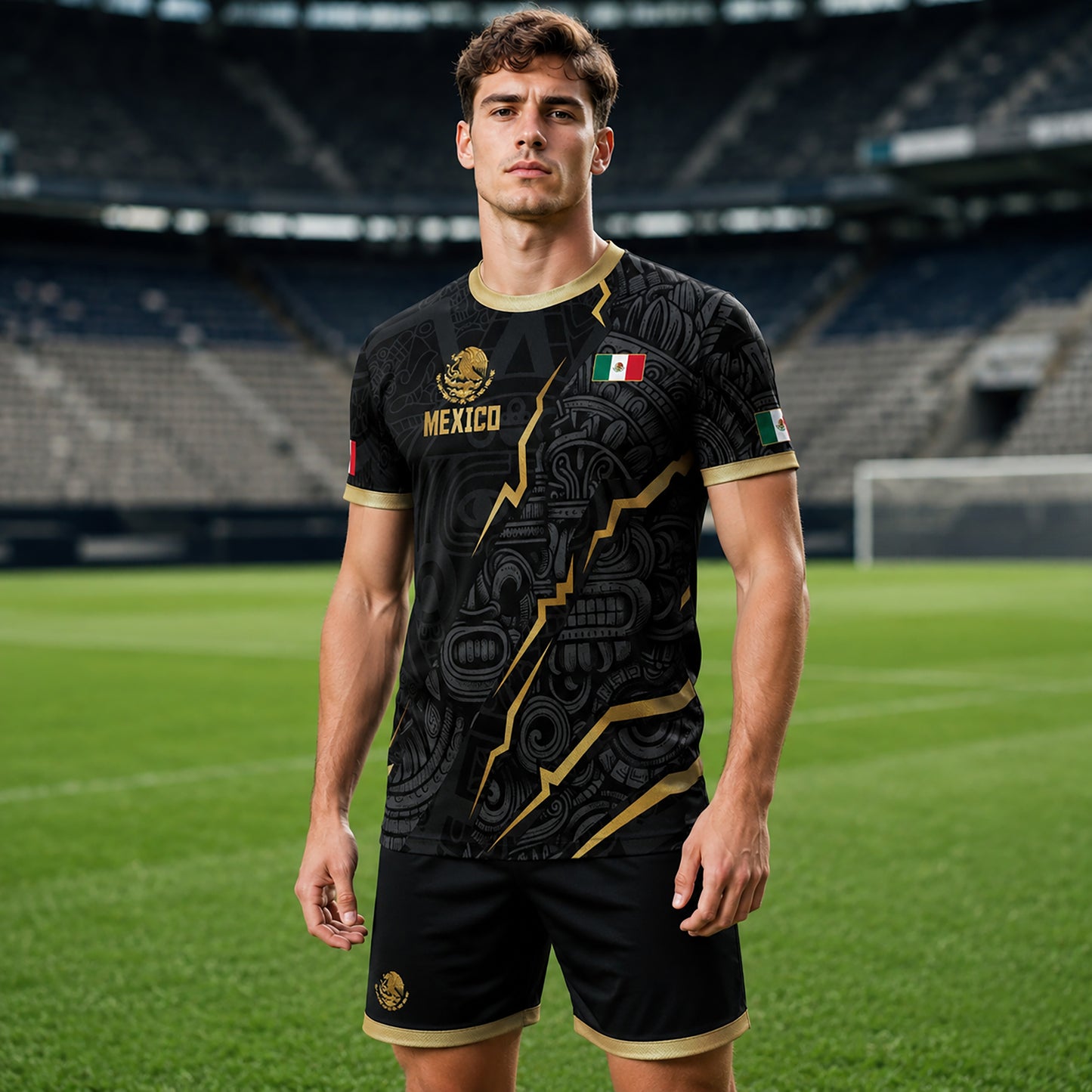 SJ-345-Repeating Mexican Heritage Printed Football Uniform, Shorts Colorful Tribal Warrior Match Day Coordinates FREE SHIPPING