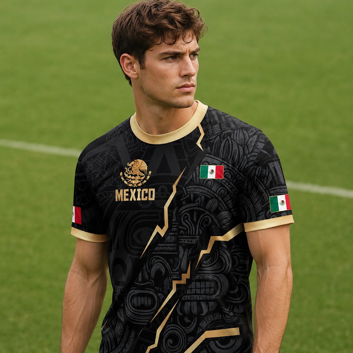 SJ-345-Repeating Mexican Heritage Printed Football Uniform, Shorts Colorful Tribal Warrior Match Day Coordinates FREE SHIPPING