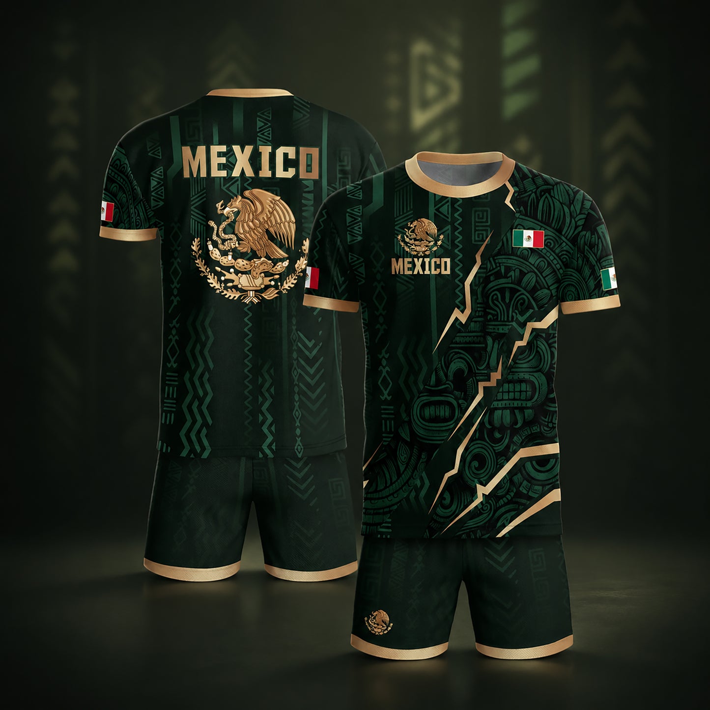 SJ-345-Repeating Mexican Heritage Printed Football Uniform, Shorts Colorful Tribal Warrior Match Day Coordinates FREE SHIPPING