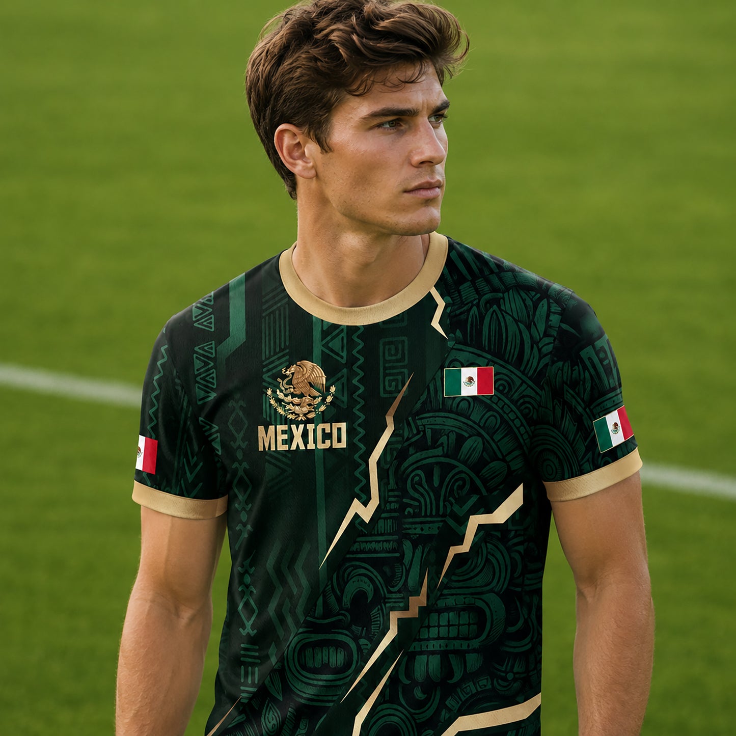 SJ-345-Repeating Mexican Heritage Printed Football Uniform, Shorts Colorful Tribal Warrior Match Day Coordinates FREE SHIPPING