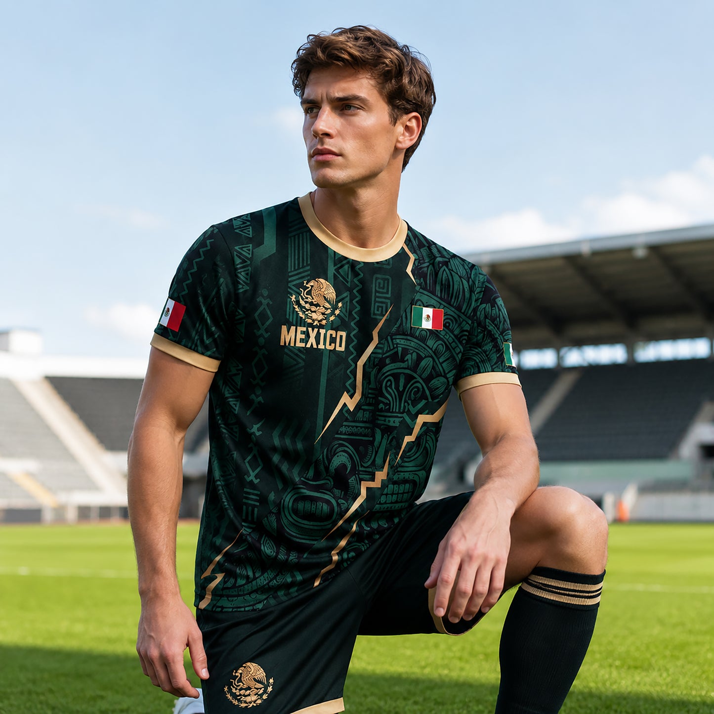 SJ-345-Repeating Mexican Heritage Printed Football Uniform, Shorts Colorful Tribal Warrior Match Day Coordinates FREE SHIPPING