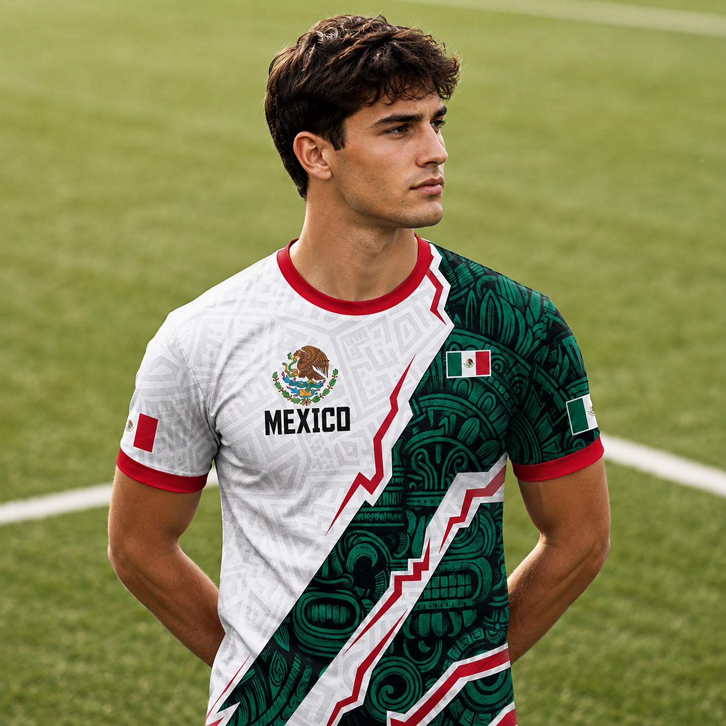 SJ-345-Repeating Mexican Heritage Printed Football Uniform, Shorts Colorful Tribal Warrior Match Day Coordinates FREE SHIPPING