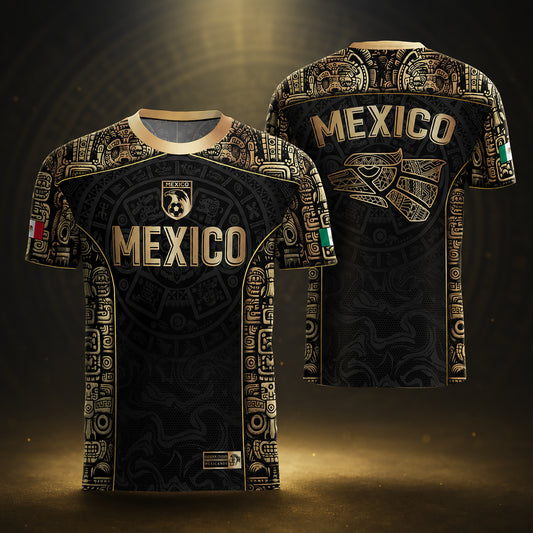SJ-346-Multicolor Mexico Aztec Soccer Jersey Set, Gold Lightning Pattern Eagle Athletic Sportswear Outfit FREE SHIPPING
