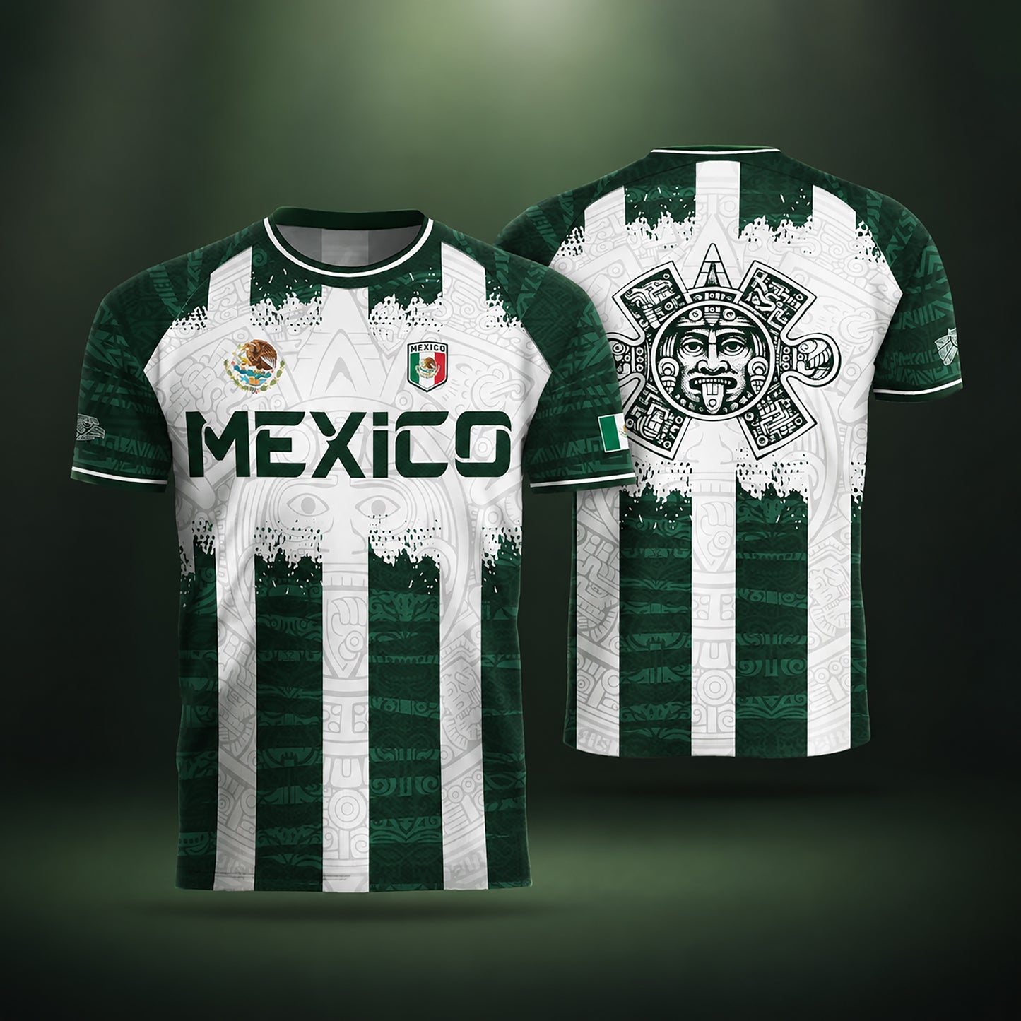 SJ-347-Green White Striped Mexico Aztec Soccer Jersey, Bold Calendar Pattern Athletic Sportswear Collection Outfit FREE SHIPPING