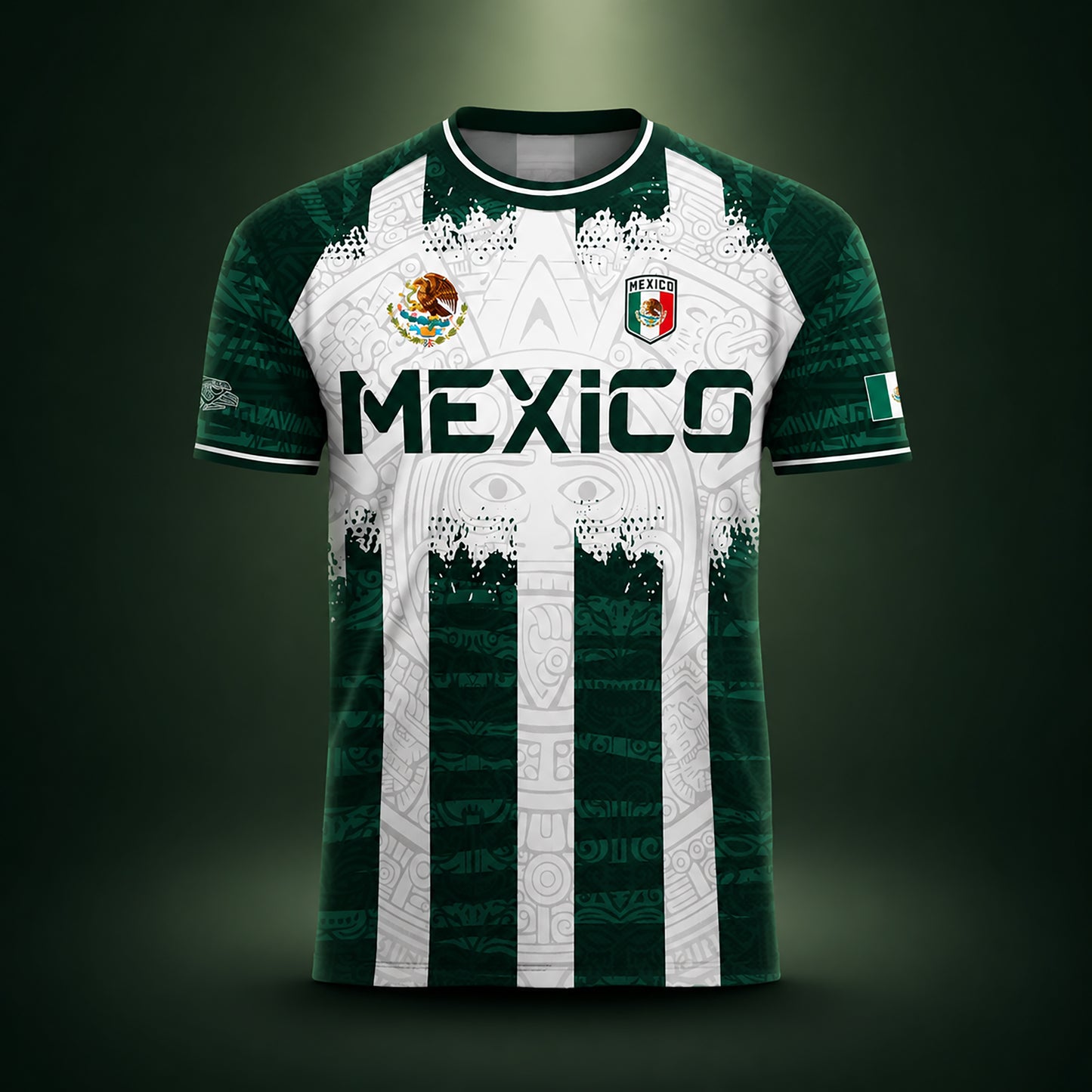 SJ-347-Green White Striped Mexico Aztec Soccer Jersey, Bold Calendar Pattern Athletic Sportswear Collection Outfit FREE SHIPPING