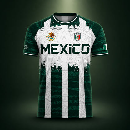SJ-347-Green White Striped Mexico Aztec Soccer Jersey, Bold Calendar Pattern Athletic Sportswear Collection Outfit FREE SHIPPING