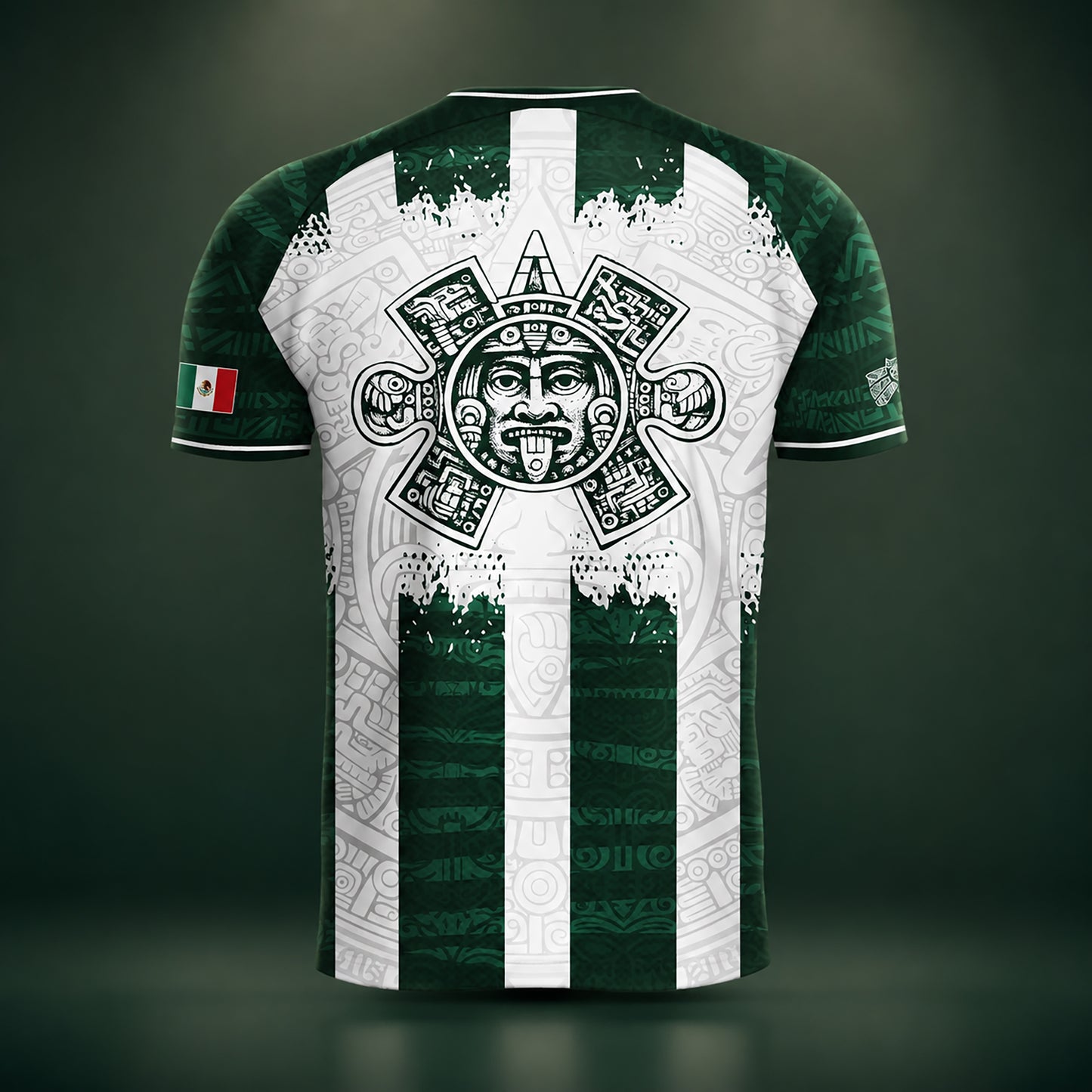 SJ-347-Green White Striped Mexico Aztec Soccer Jersey, Bold Calendar Pattern Athletic Sportswear Collection Outfit FREE SHIPPING