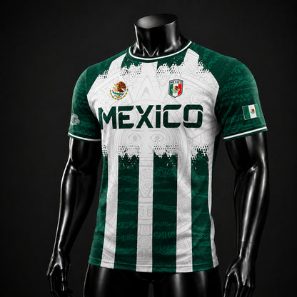 SJ-347-Green White Striped Mexico Aztec Soccer Jersey, Bold Calendar Pattern Athletic Sportswear Collection Outfit FREE SHIPPING