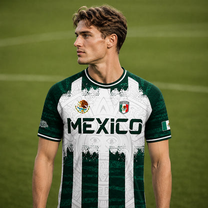 SJ-347-Green White Striped Mexico Aztec Soccer Jersey, Bold Calendar Pattern Athletic Sportswear Collection Outfit FREE SHIPPING