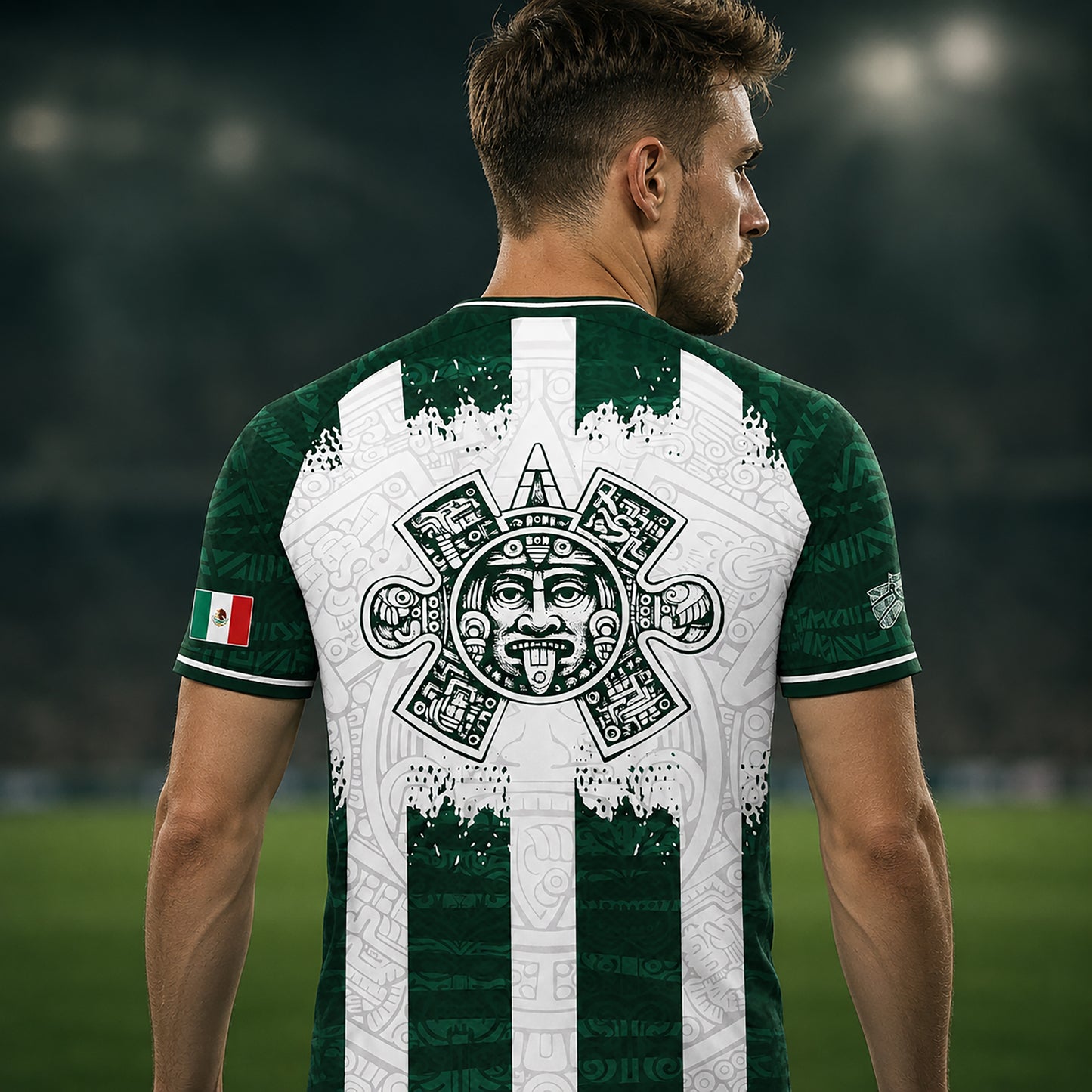 SJ-347-Green White Striped Mexico Aztec Soccer Jersey, Bold Calendar Pattern Athletic Sportswear Collection Outfit FREE SHIPPING