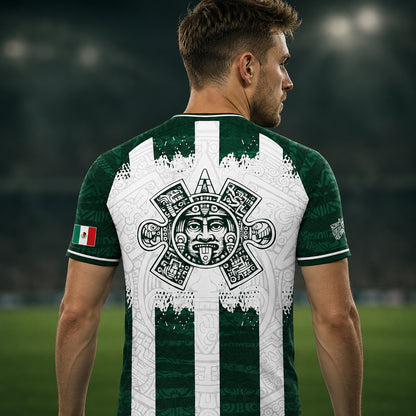 SJ-347-Green White Striped Mexico Aztec Soccer Jersey, Bold Calendar Pattern Athletic Sportswear Collection Outfit FREE SHIPPING