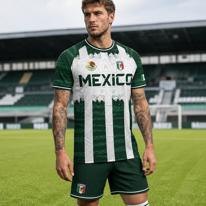 SJ-347-Green White Striped Mexico Aztec Soccer Jersey, Bold Calendar Pattern Athletic Sportswear Collection Outfit FREE SHIPPING