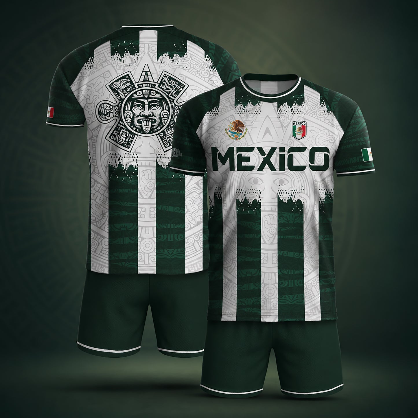SJ-347-Green White Striped Mexico Aztec Soccer Jersey, Bold Calendar Pattern Athletic Sportswear Collection Outfit FREE SHIPPING