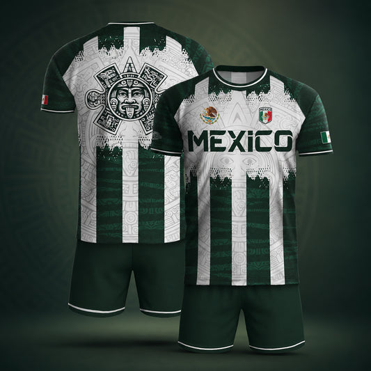 SJ-347-Green White Striped Mexico Aztec Soccer Jersey, Bold Calendar Pattern Athletic Sportswear Collection Outfit FREE SHIPPING