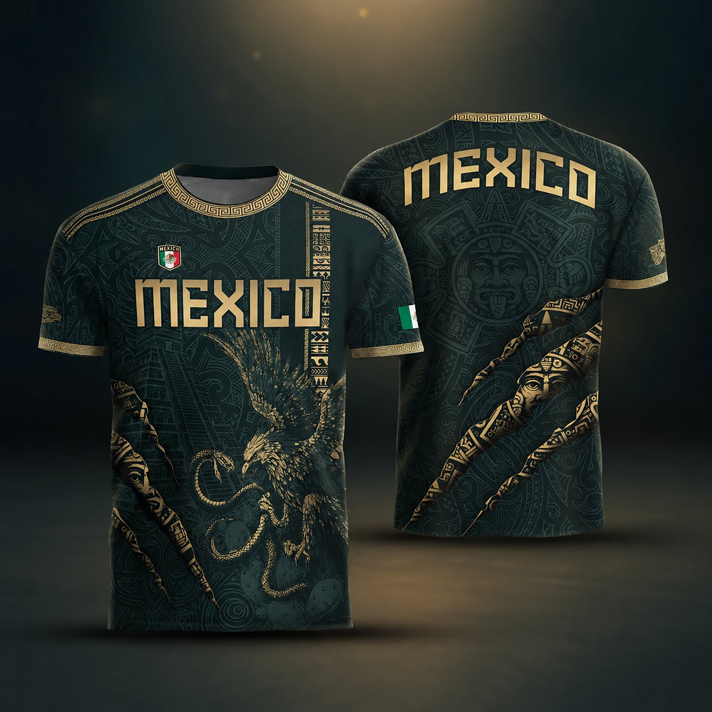 SJ-348-Dark Green Mexico Soccer Jersey, Gold Eagle Snake Pattern Athletic Sportswear Collection Outfit FREE SHIPPING