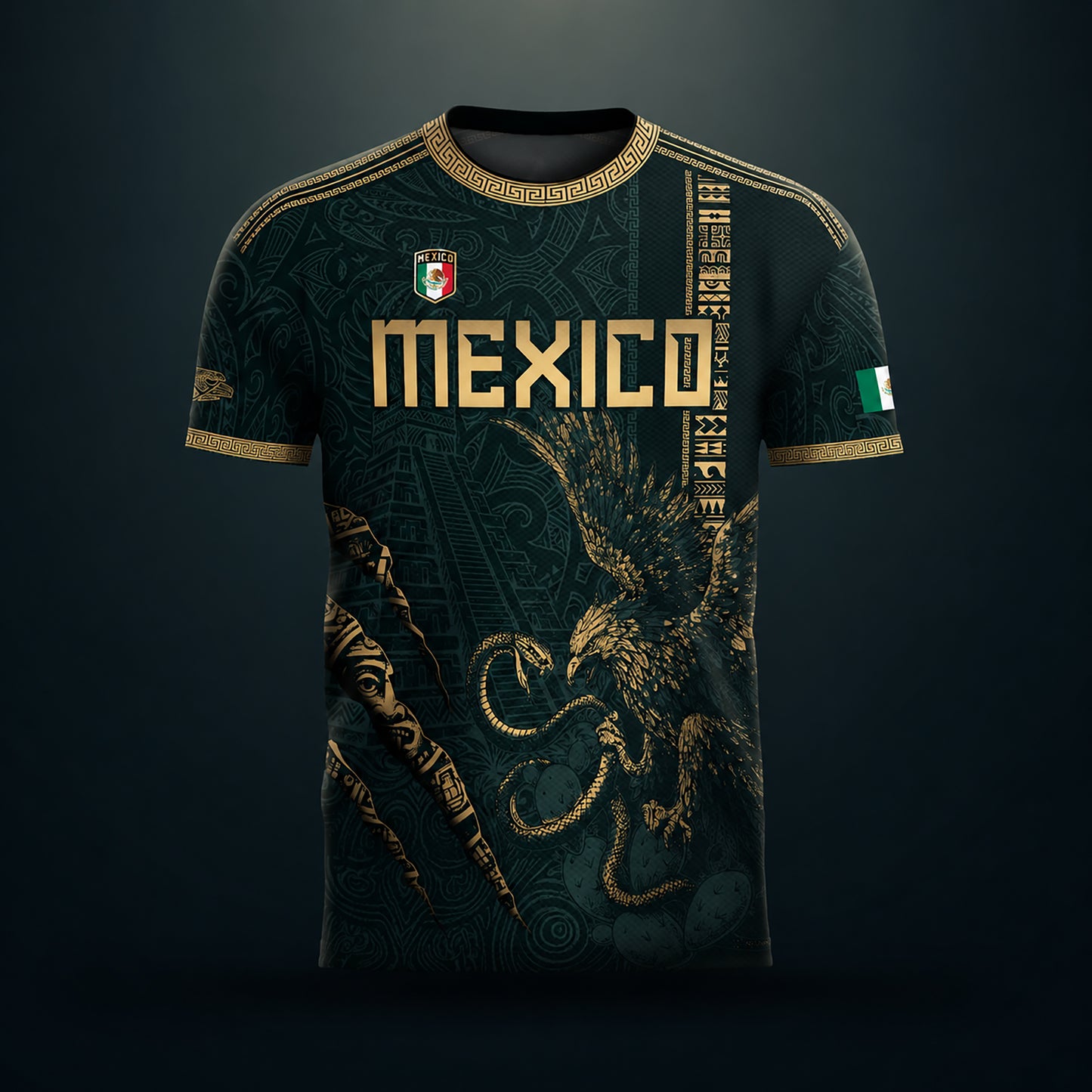 SJ-348-Dark Green Mexico Soccer Jersey, Gold Eagle Snake Pattern Athletic Sportswear Collection Outfit FREE SHIPPING