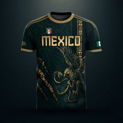 SJ-348-Dark Green Mexico Soccer Jersey, Gold Eagle Snake Pattern Athletic Sportswear Collection Outfit FREE SHIPPING