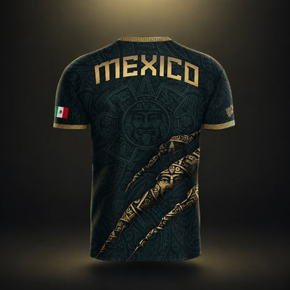 SJ-348-Dark Green Mexico Soccer Jersey, Gold Eagle Snake Pattern Athletic Sportswear Collection Outfit FREE SHIPPING