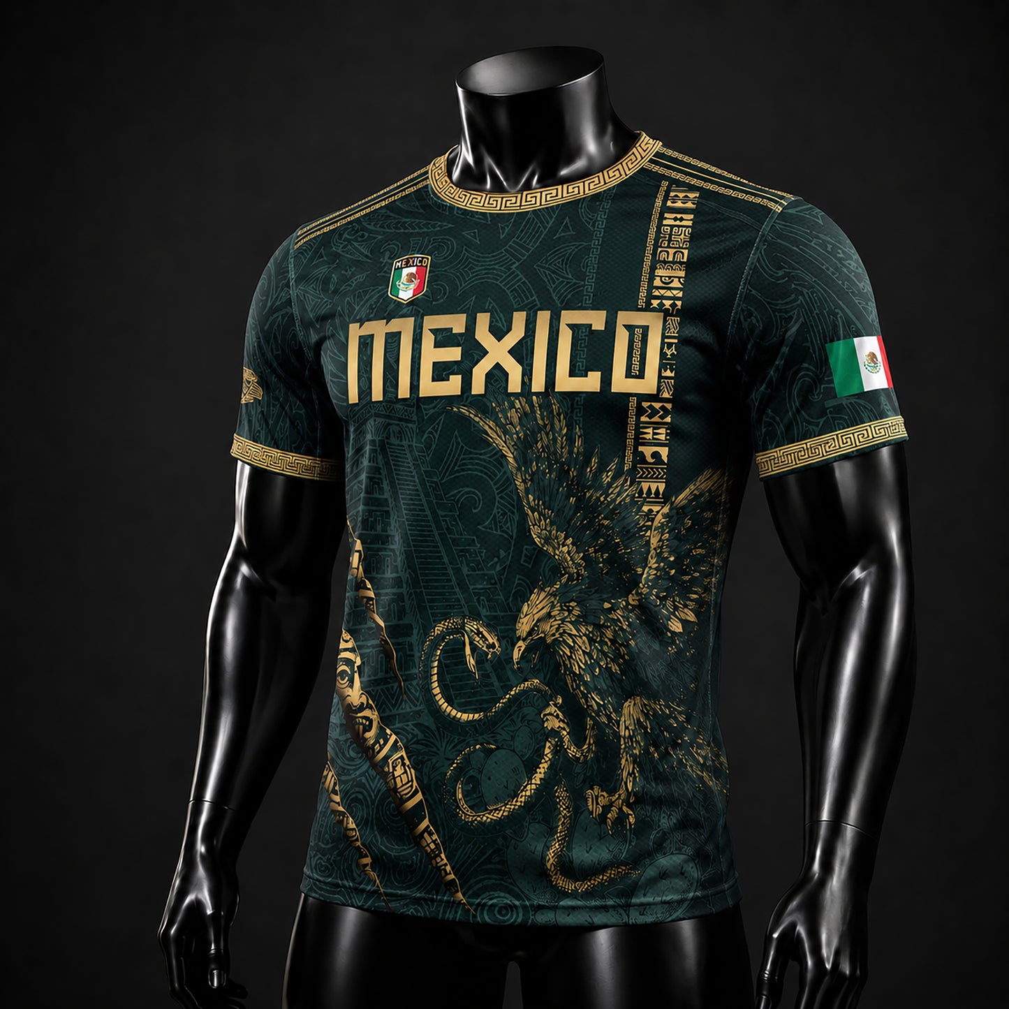 SJ-348-Dark Green Mexico Soccer Jersey, Gold Eagle Snake Pattern Athletic Sportswear Collection Outfit FREE SHIPPING