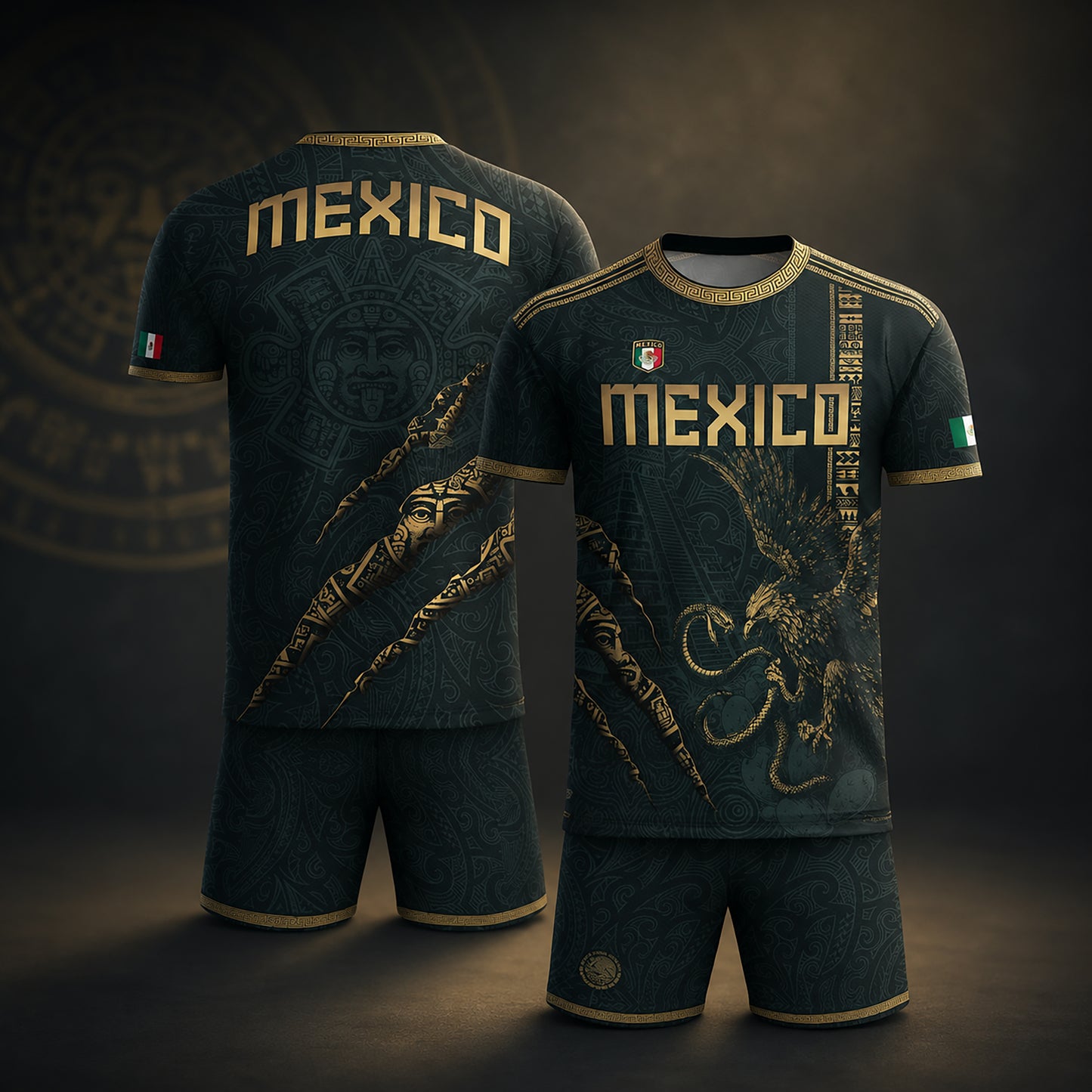 SJ-348-Dark Green Mexico Soccer Jersey, Gold Eagle Snake Pattern Athletic Sportswear Collection Outfit FREE SHIPPING