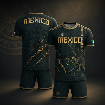 SJ-348-Dark Green Mexico Soccer Jersey, Gold Eagle Snake Pattern Athletic Sportswear Collection Outfit FREE SHIPPING