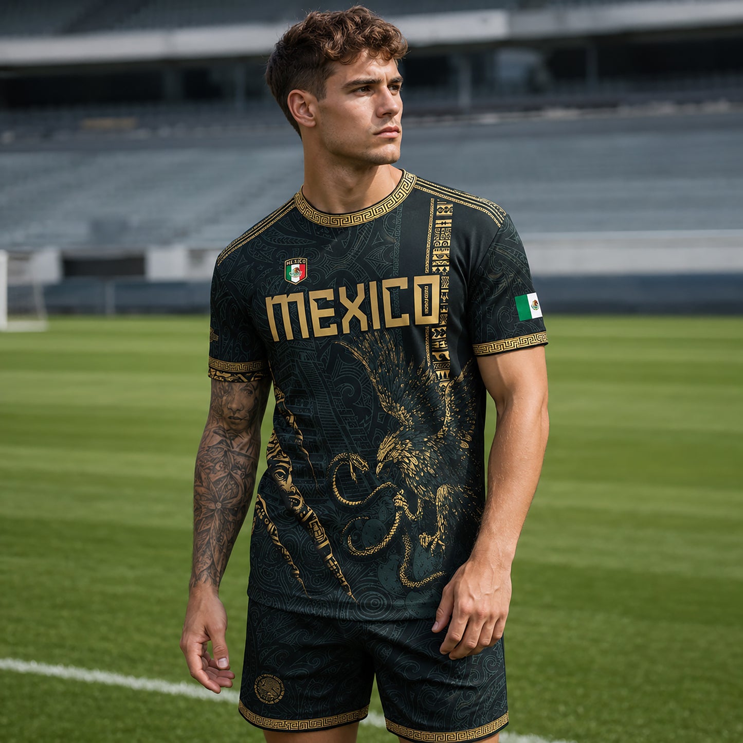SJ-348-Dark Green Mexico Soccer Jersey, Gold Eagle Snake Pattern Athletic Sportswear Collection Outfit FREE SHIPPING