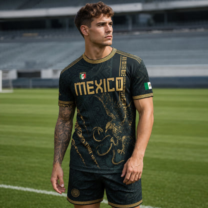 SJ-348-Dark Green Mexico Soccer Jersey, Gold Eagle Snake Pattern Athletic Sportswear Collection Outfit FREE SHIPPING