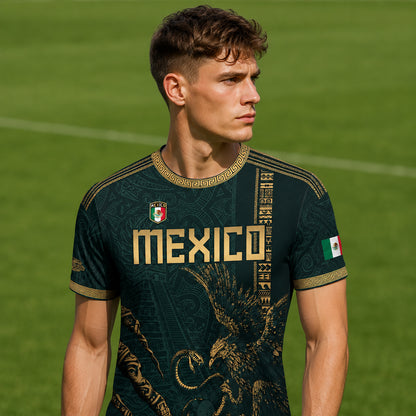 SJ-348-Dark Green Mexico Soccer Jersey, Gold Eagle Snake Pattern Athletic Sportswear Collection Outfit FREE SHIPPING