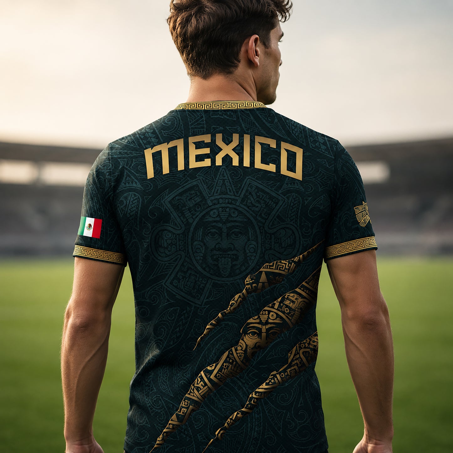SJ-348-Dark Green Mexico Soccer Jersey, Gold Eagle Snake Pattern Athletic Sportswear Collection Outfit FREE SHIPPING