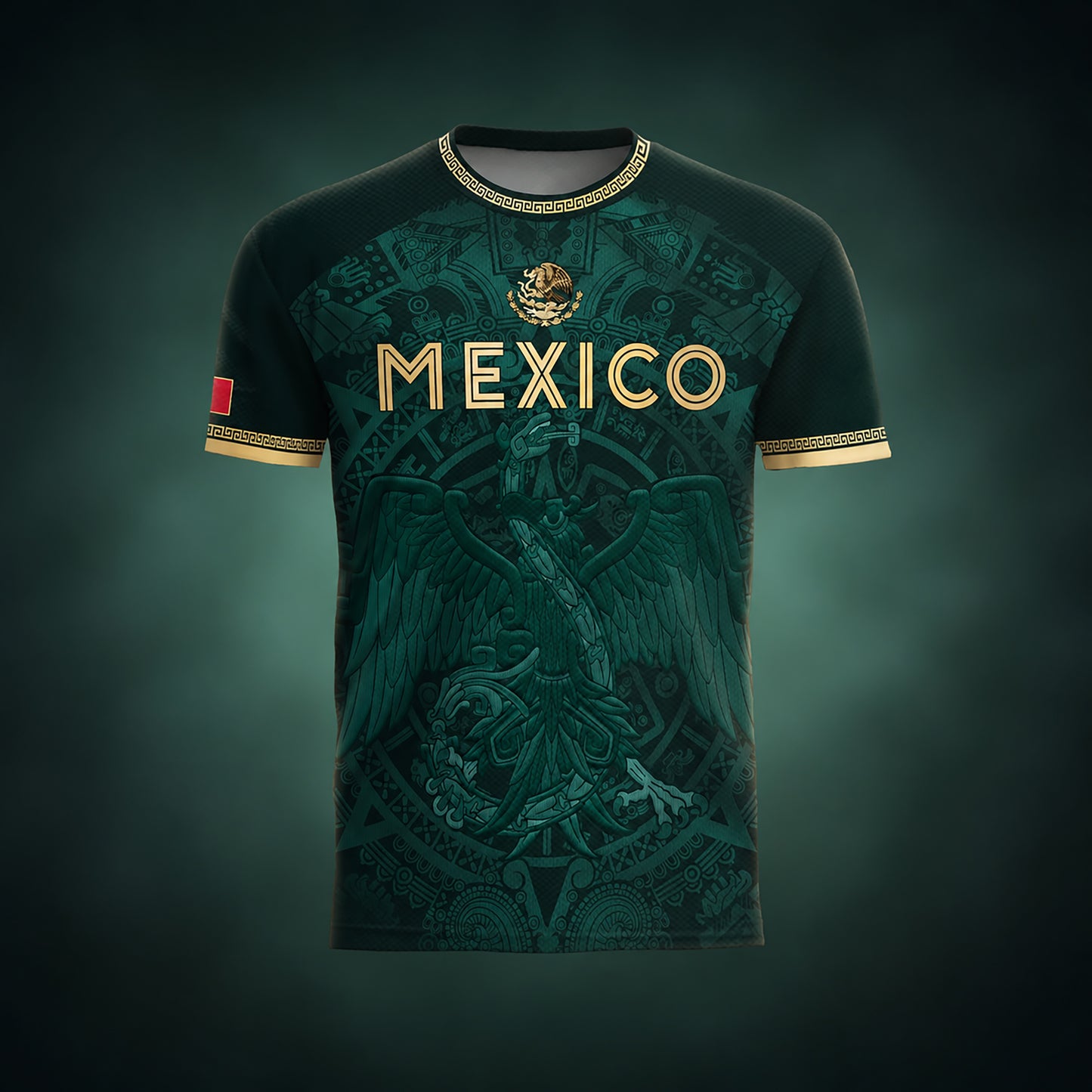 SJ-349-Green Mexico Soccer Jersey, Gold Eagle Seal Pattern Athletic Sportswear Collection Outfit FREE SHIPPING