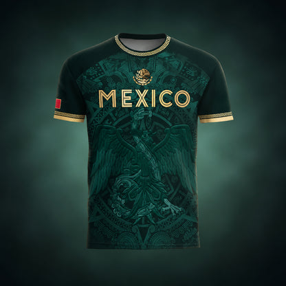 SJ-349-Green Mexico Soccer Jersey, Gold Eagle Seal Pattern Athletic Sportswear Collection Outfit FREE SHIPPING