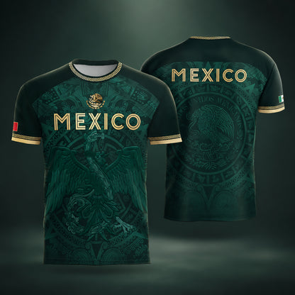 SJ-349-Green Mexico Soccer Jersey, Gold Eagle Seal Pattern Athletic Sportswear Collection Outfit FREE SHIPPING