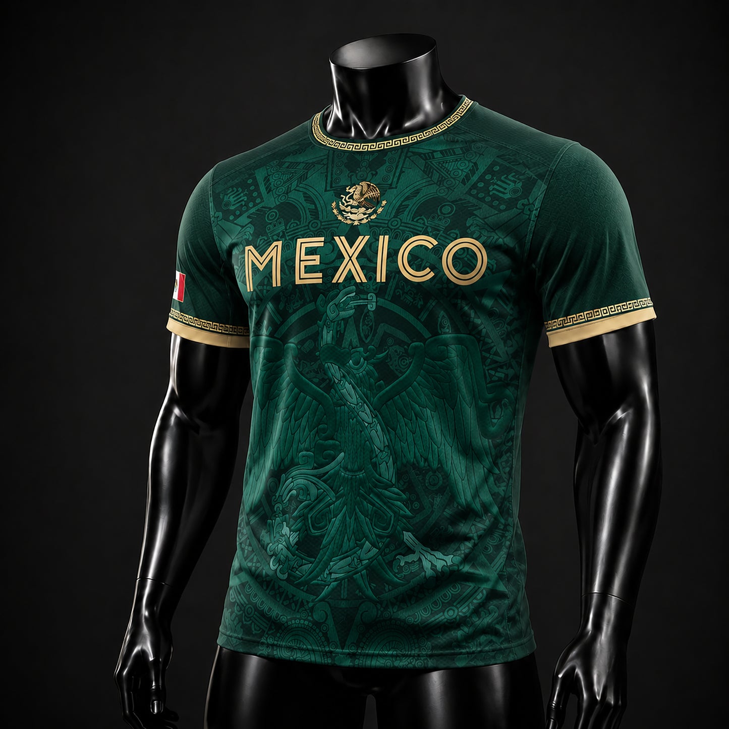 SJ-349-Green Mexico Soccer Jersey, Gold Eagle Seal Pattern Athletic Sportswear Collection Outfit FREE SHIPPING