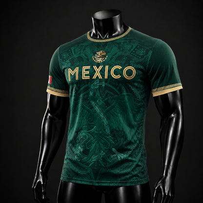 SJ-349-Green Mexico Soccer Jersey, Gold Eagle Seal Pattern Athletic Sportswear Collection Outfit FREE SHIPPING