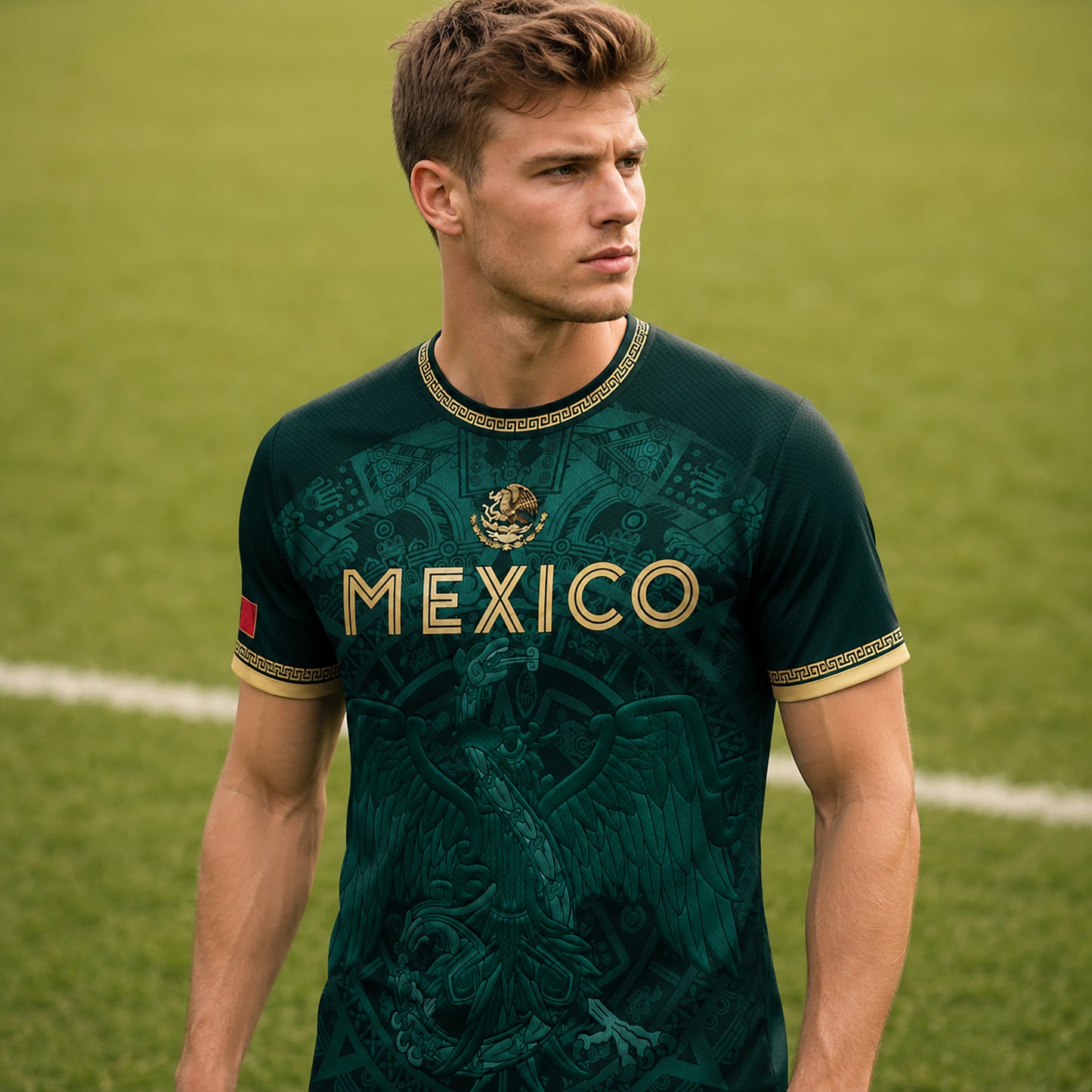 SJ-349-Green Mexico Soccer Jersey, Gold Eagle Seal Pattern Athletic Sportswear Collection Outfit FREE SHIPPING