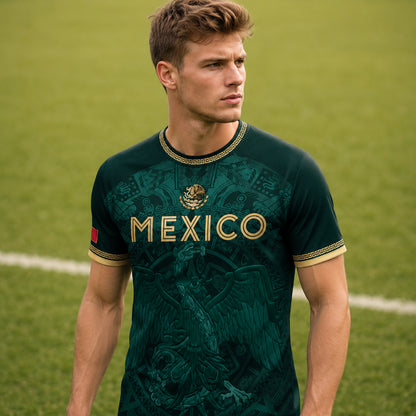 SJ-349-Green Mexico Soccer Jersey, Gold Eagle Seal Pattern Athletic Sportswear Collection Outfit FREE SHIPPING