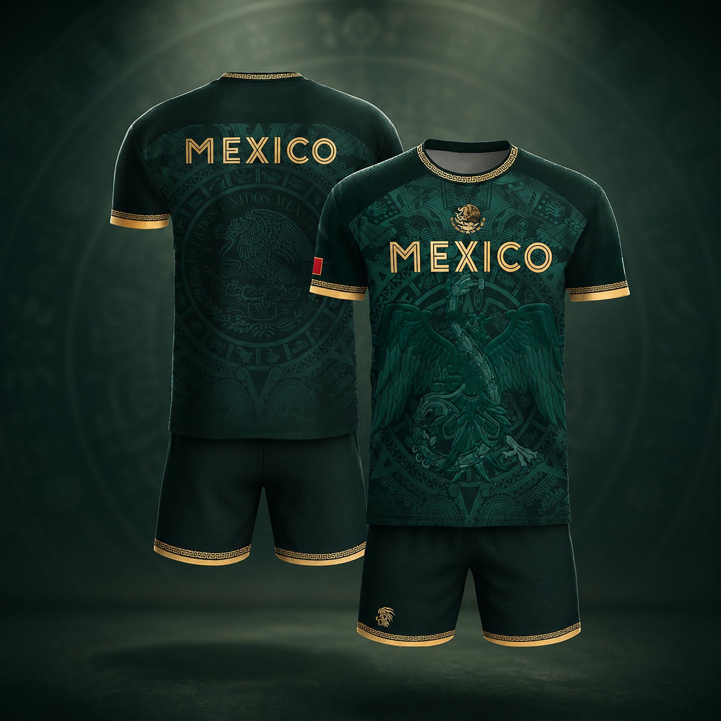 SJ-349-Green Mexico Soccer Jersey, Gold Eagle Seal Pattern Athletic Sportswear Collection Outfit FREE SHIPPING