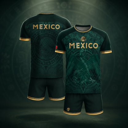SJ-349-Green Mexico Soccer Jersey, Gold Eagle Seal Pattern Athletic Sportswear Collection Outfit FREE SHIPPING