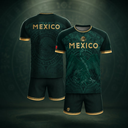 SJ-349-Green Mexico Soccer Jersey, Gold Eagle Seal Pattern Athletic Sportswear Collection Outfit FREE SHIPPING