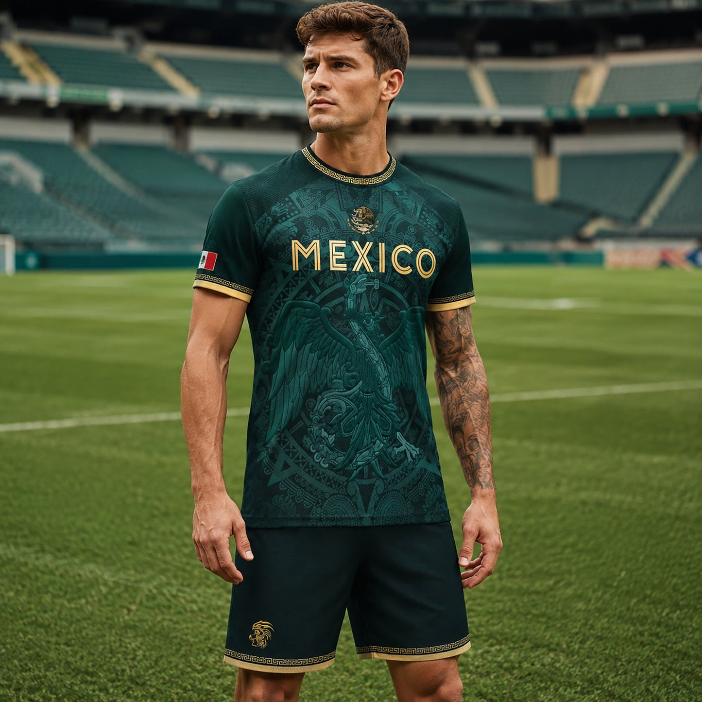 SJ-349-Green Mexico Soccer Jersey, Gold Eagle Seal Pattern Athletic Sportswear Collection Outfit FREE SHIPPING