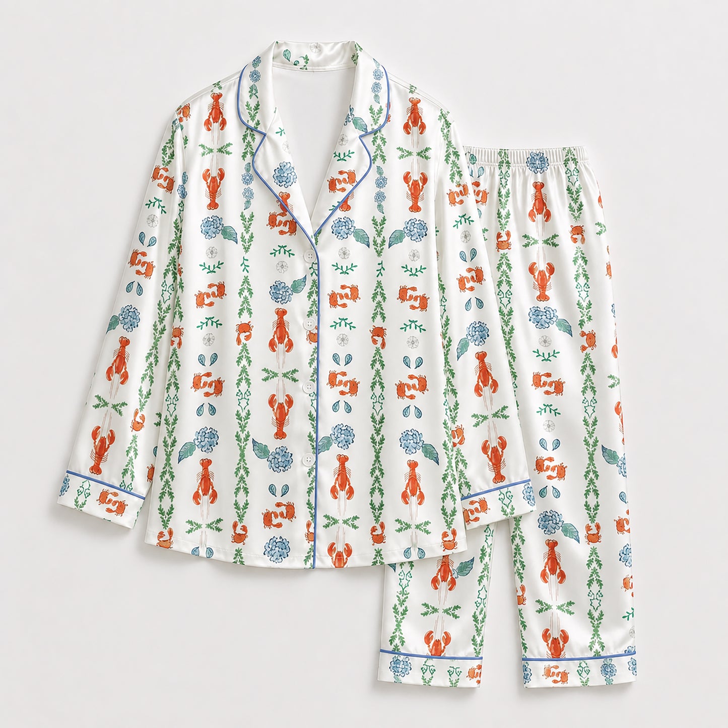 PJ-353-White Satin Lobster Pajama Apparel, Orange Crab Pattern Sleeve Loungewear Sleepwear Collection Clothing