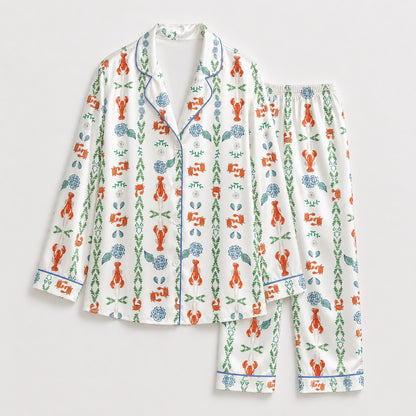 PJ-353-White Satin Lobster Pajama Apparel, Orange Crab Pattern Sleeve Loungewear Sleepwear Collection Clothing