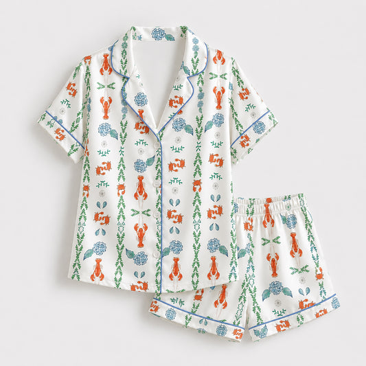 PJ-353-White Satin Lobster Pajama Apparel, Orange Crab Pattern Sleeve Loungewear Sleepwear Collection Clothing